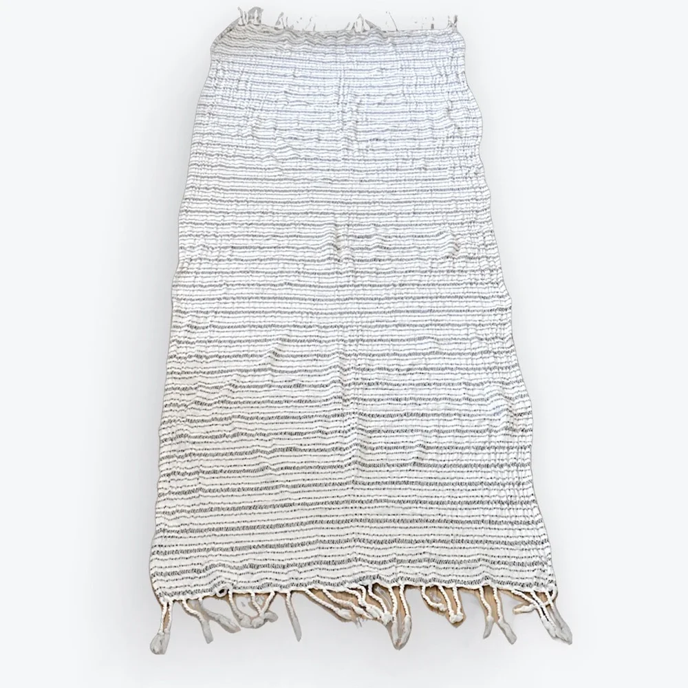 Minimalist Neutral Hand-Loomed Cotton Gray/White Tassel Throw 27.5” x 72” Gute
